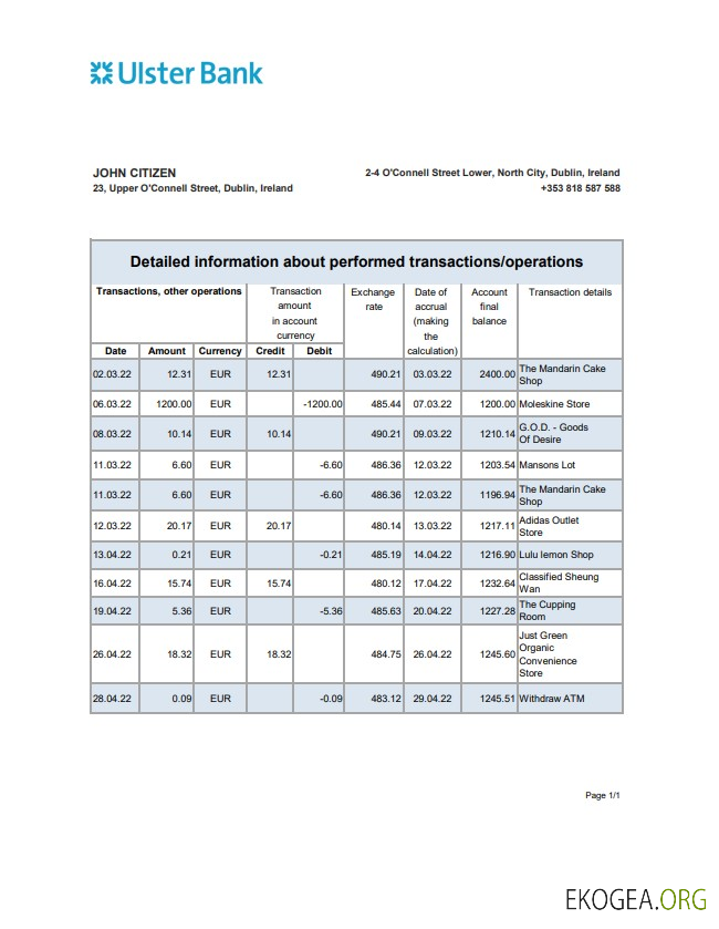 Irlande Ulster Bank relevé xls